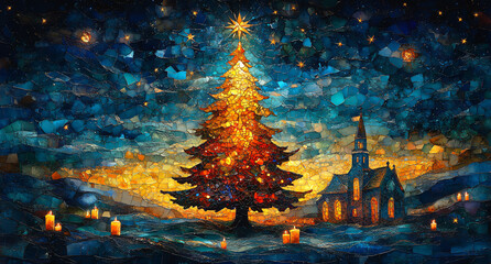 Bright Christmas Landscape with Red Tree and Golden Lights