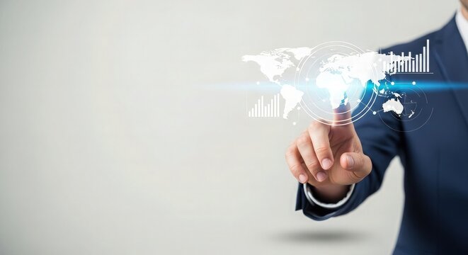 Businessman touching virtual world map with financial bar chart
