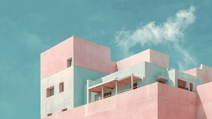 A pastel-toned building surface under cloudy skies producing soft edges and diffused geometric clarity