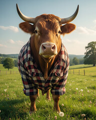 Bull dressed in a checkered shirt 