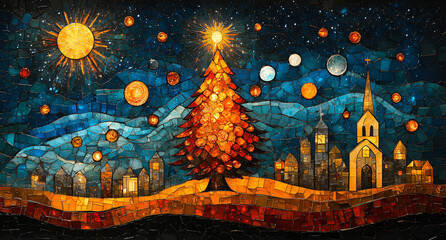 Christmas Scene in Stained Glass Style with Starry Sky and Cozy Church