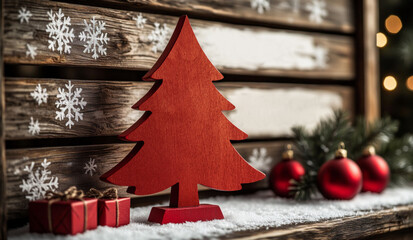Red wooden Christmas tree decoration with blank space for text 