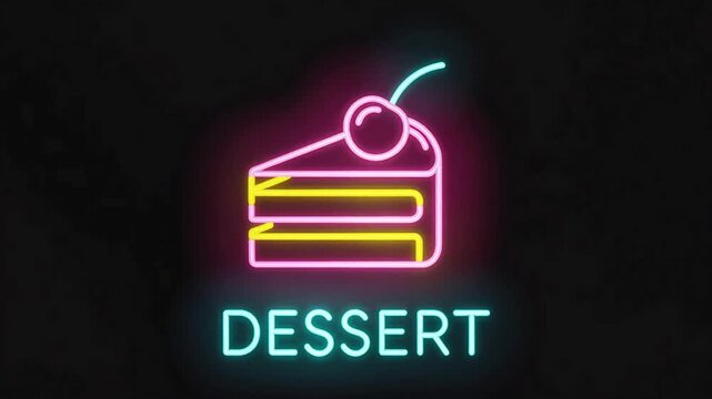 Neon dessert icon glowing on a black background, featuring a bright slice of cake topped with a cherry, perfect for bakery promos, cafe menus, sweet food ads, and dessert-themed graphics.