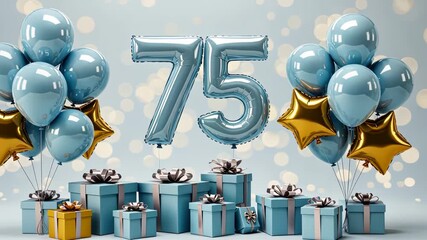 Festive 75th anniversary celebration with balloons and gift boxes