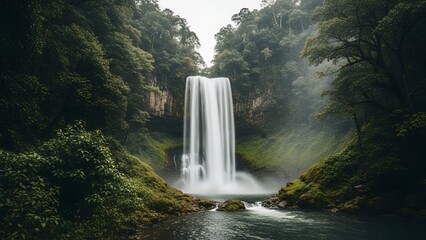 A large waterfall cascades down a rocky slope surrounded by lush greenery and trees in a misty forest.