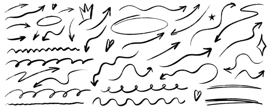 Hand drawn underline and arrow set with rough crayon strokes, soft drawn textures and pen marks, mixing underline clarity with arrow energy and crayon style.