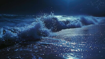 Fototapeta premium The waves under the night starry sky are gently shimmering in the rays of moonlight. Beautiful night landscape.