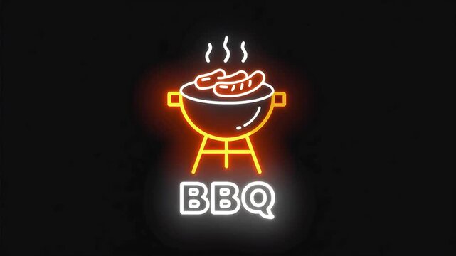 Neon BBQ icon glowing on a black background, featuring a bright grill with sizzling sausages and rising steam, perfect for barbecue promos, restaurant ads, outdoor food events, and cooking graphics.