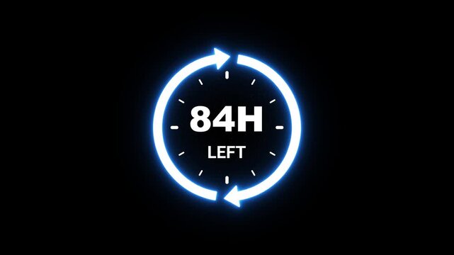 Countdown timer displaying 84 hours left with glowing blue circular arrow and clock face on black background