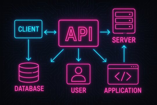 Visual Representation of API Architecture Connecting Client, Server, Database, User, and Application