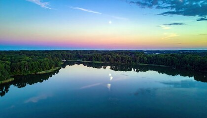 Aerial view of a lake surrounded by a forest with a colorful sunset sky. The water reflects the sky and trees, creating a serene and peaceful landscape.
