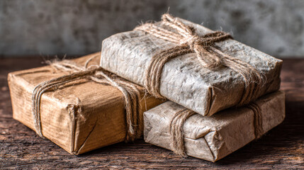 Rustic vintage parcels wrapped in rough textured paper and secured with natural jute twine, stacked on a weathered wooden surface for an antique feel
