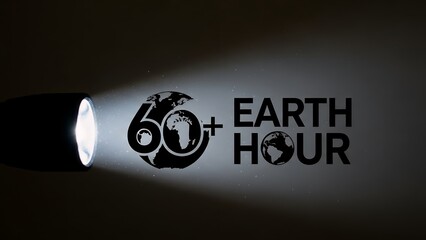 A spotlight shines on the Earth Hour logo with a 60+ symbol on a dark background.
