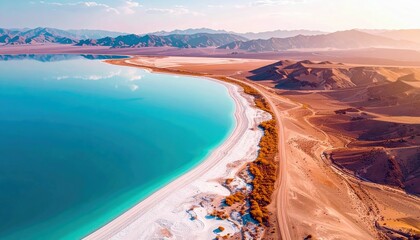 An aerial view showcases a turquoise lake meeting a desert landscape, with mountains in the distance, bathed in the warm light of sunset.