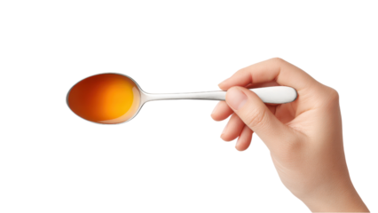 Spoonful of Medicine: Woman's Hand Holding Syrup on White Background