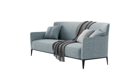 Modern blue textile couch with pillows on a transparent background.
