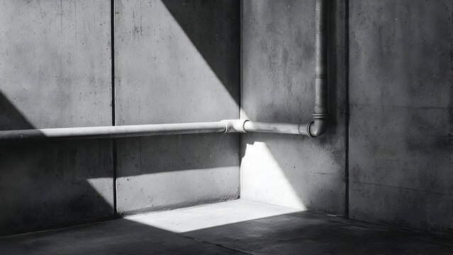 A simple industrial corner showing two perpendicular pipes casting crisp right-angle shadows across concrete planes