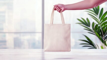 A hand holding a blank tote bag against a blurred office background, suggesting a presentation or mockup. The scene is bright and airy, with a focus on the bag.