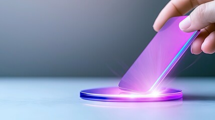 A hand placing a glowing smartphone onto a wireless charging pad. The scene is illuminated with futuristic purple and blue light.