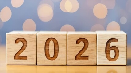 Hand arranging wooden blocks to form the year 2026, symbolizing future planning, goals, new beginnings, and upcoming events with soft bokeh lights.