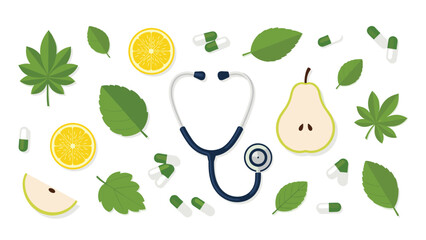 Holistic health concept featuring fresh fruits, green leaves, capsules, and a stethoscope for natural wellness and medical care