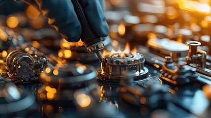 A close-up shot of a hand soldering a circuit board component with a flame, showcasing the intricate details and warm lighting.