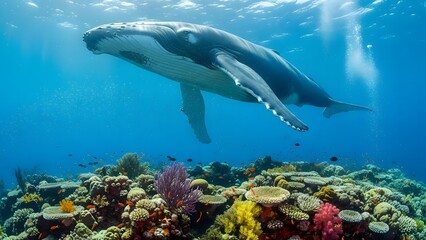 Obraz premium A majestic humpback whale glides gracefully through a vibrant coral reef teeming with marine life