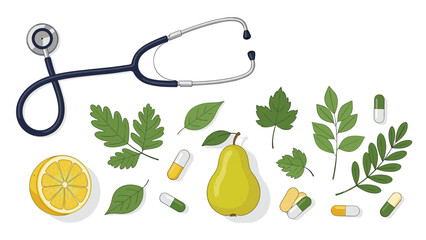 Holistic wellness concept featuring fresh fruit, herbs, medicine and a stethoscope for a healthy lifestyle and balanced diet