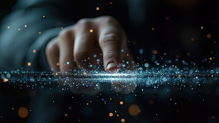 Close-up of a hand pointing towards a glowing stream of digital particles, suggesting technology and innovation, set against a dark background.