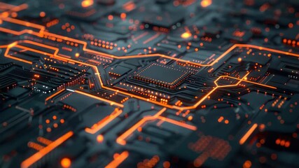 High-resolution of a printed circuit board showcasing intricate designs and orange glowing elements, possibly LED lights or resistors. - Powered by Adobe