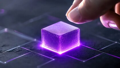 A hand is about to touch a glowing purple cube on a dark circuit board, representing technology and innovation.