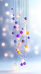 Abstract image of hanging spheres with icons and lights, set against a blurred background.