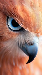 Close-up of a hawk's eye, showcasing detailed feathers and an intense gaze. The image highlights the bird's eye and beak with warm lighting.