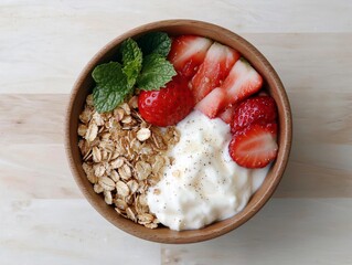 Overhead shot of a wooden bowl filled with a healthy breakfast consisting of strawberries, yogurt, granola, and mint leaves, on a wooden surface.