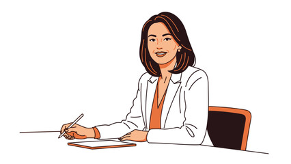 Confident businesswoman working at her desk with modern design, perfect for leadership or corporate communications projects, vector art