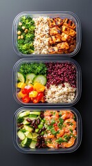 Overhead shot of three meal prep containers filled with different healthy foods, including chicken, shrimp, vegetables, and grains, on a dark surface.
