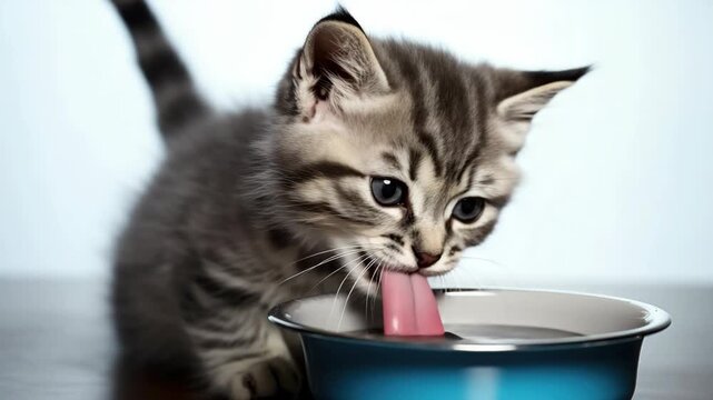 Furry grey and white cat licking water with tongue sticking out.
