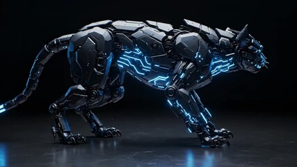 A robotic feline constructed of dark metal, lit with glowing blue energy circuits - Powered by Adobe