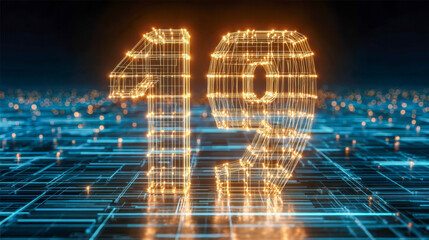 Illuminated futuristic digital wireframe number 19 glowing with golden lights over a blue circuit board background representing technology and innovation concepts