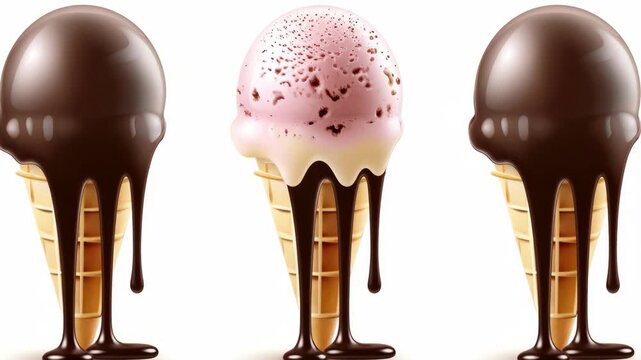 Four ice cream cones in a row with different flavors and colors of ice cream.