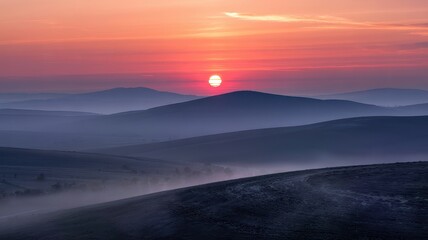 Fototapeta premium Sunrise Over Rolling Hills: A Majestic, Peaceful Vista