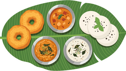 Crispy golden vadas and fluffy idlis rest on a lush banana leaf alongside bowls of aromatic sambar and tempered chutneys in this appetizing South Indian breakfast vector