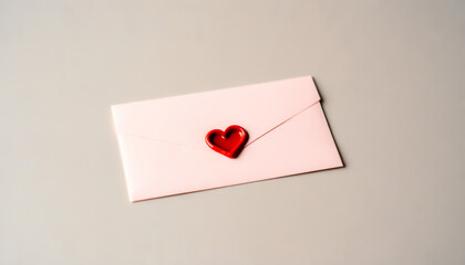 Pink envelope sealed with a red heart-shaped wax seal, resting on a soft beige surface, symbolizing love and affection, perfect for romantic occasions and heartfelt messages for Valentine's day