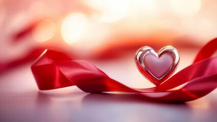 Glass heart ornament placed on red ribbon, surrounded by soft bokeh lights, creating a romantic ambiance perfect for celebrations of love and affection. Copy space