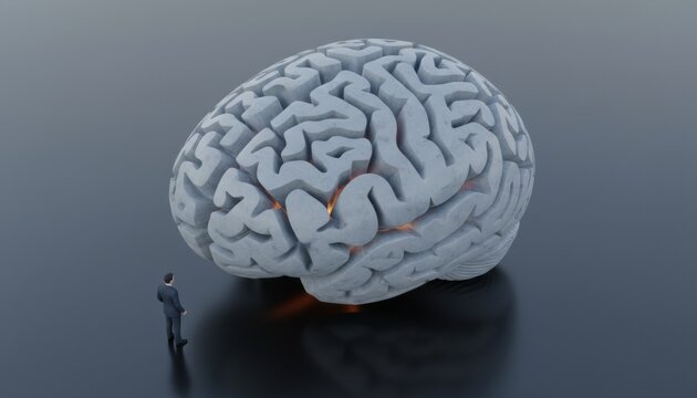 Large stylized concrete human brain with a warm orange internal glow is being observed by a tiny businessman in a suit on a dark grey reflective surface