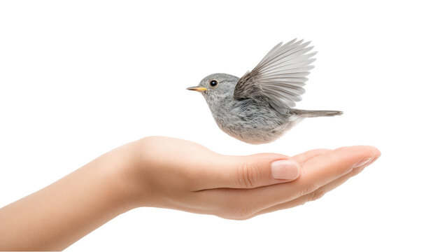 Hand Holding Bird: Symbol of Freedom, Care, and Nature on White