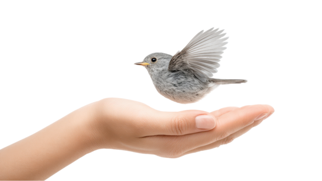 Hand Holding Bird: Symbol of Freedom, Care, and Nature on White