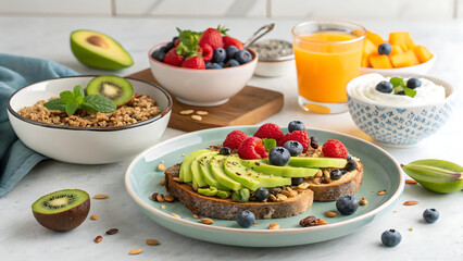 Healthy breakfast toast with avocado and berry