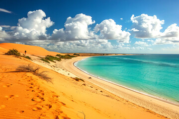 Serene sandy beach with orange dunes