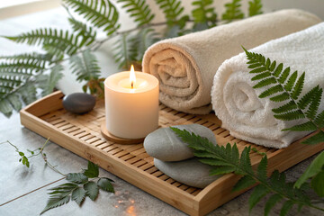 Serene spa setup with towel and candle